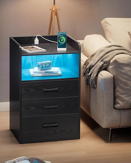 SUPERJARE File Cabinet with Charging Station and LED Light Strips, Drawers, End Table with USB Ports and Outlets, Black - LeafyLoom