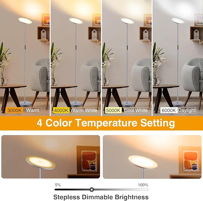 OUTON Floor Lamp, 30W 2400LM LED Modern Torchiere Sky Lamp, Super Bright Dimmable Standing Tall Lamp with 4 Color Temperature, Remote Touch Control, 1-H Timer for Living Room Bedroom Office,Space Grey - LeafyLoom