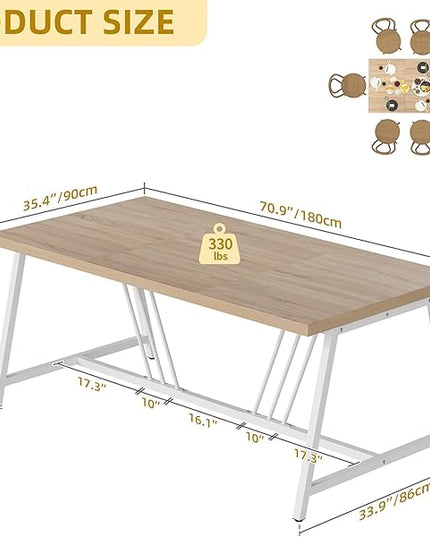 DWVO Farmhouse Dining Table for 6-8 People, 70.9 Inch Large Rectangular Wood Kitchen Table with Heavy Duty Metal Legs, Industrial Rustic Dinner Table for Dining Room, Living Room, Washed Grey - LeafyLoom