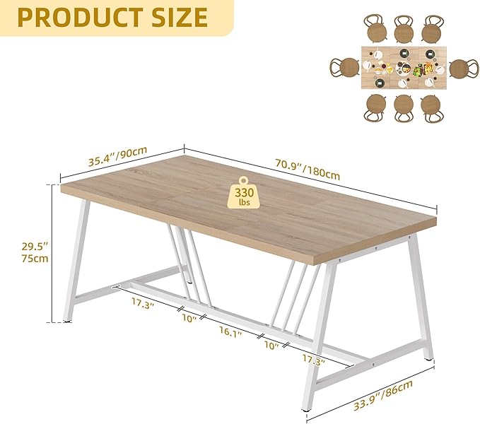 DWVO Farmhouse Dining Table for 6-8 People, 70.9 Inch Large Rectangular Wood Kitchen Table with Heavy Duty Metal Legs, Industrial Rustic Dinner Table for Dining Room, Living Room, Washed Grey - LeafyLoom
