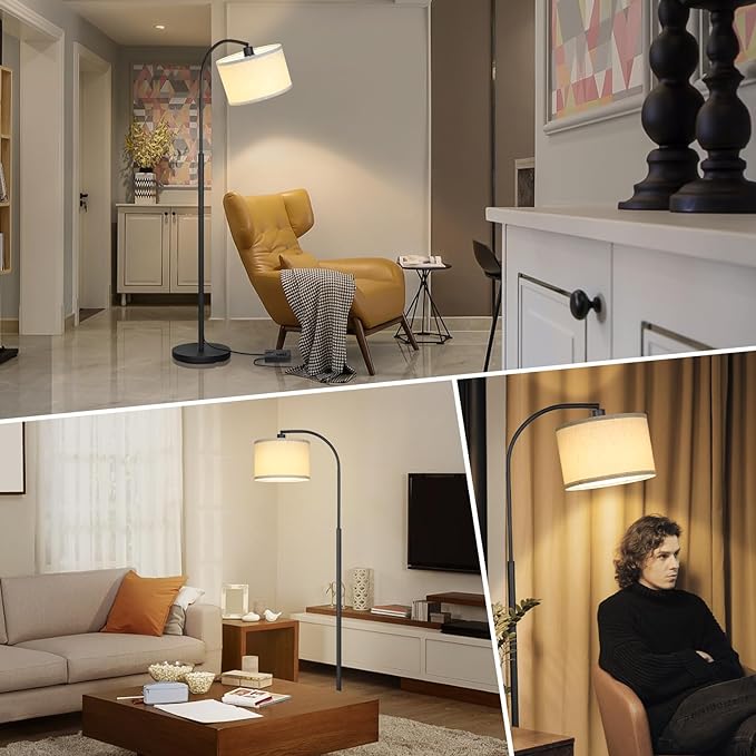 Boncoo Modern Floor Lamp for Living Room, Arc Floor Lamp with Adjustable Hanging Shade, Black Arched Light with Dimmable Pedal Switch for Bedroom Study Room Office, 9W 3000K LED Bulb Included - LeafyLoom