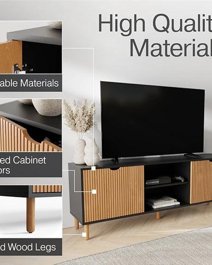 Contemporary Fluted TV Stand - Media Console - 70” Entertainment Center Console Table with Storage for Living Room - Fits 32 to 80" TVs (Black and Oak) - LeafyLoom