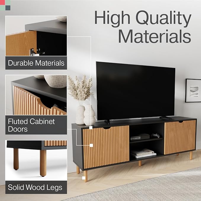 Contemporary Fluted TV Stand - Media Console - 70” Entertainment Center Console Table with Storage for Living Room - Fits 32 to 80" TVs (Black and Oak) - LeafyLoom
