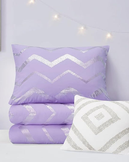 Codi Twin XL Bedding Set - Cute Purple Bed Set, Metallc Print Comforter - 3 Piece Sets for Girls, includes 1 Comforter, 1 Decorative Pillow, and 1 Pillow Case - All Season, Lightweight and Warm - LeafyLoom
