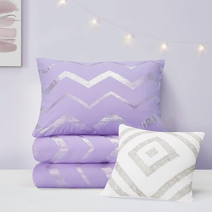 Codi Twin XL Bedding Set - Cute Purple Bed Set, Metallc Print Comforter - 3 Piece Sets for Girls, includes 1 Comforter, 1 Decorative Pillow, and 1 Pillow Case - All Season, Lightweight and Warm - LeafyLoom