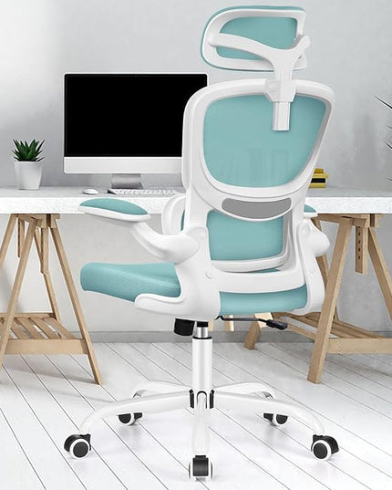 Ergonomic Office Chair, High Back Mesh Desk Chair with Lumbar Support and Adjustable Headrest, Computer Gaming Chair with Flip-up Armrests, Executive Swivel Chair for Home Office (MintGreen) - LeafyLoom