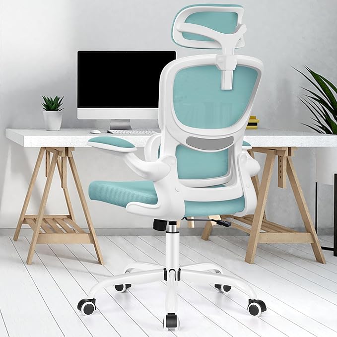 Ergonomic Office Chair, High Back Mesh Desk Chair with Lumbar Support and Adjustable Headrest, Computer Gaming Chair with Flip-up Armrests, Executive Swivel Chair for Home Office (MintGreen) - LeafyLoom