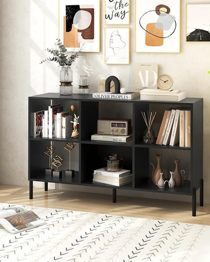 LOKO 6 Cube Bookcase, 3-Tier Floor Open Bookshelf with 5 Metal Legs, Cube Storage Organizer with Adjustable Shelves, Modern Display Shelving for Living Room, Study, Bedroom, Office (black) - LeafyLoom