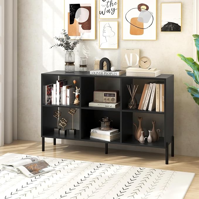 LOKO 6 Cube Bookcase, 3-Tier Floor Open Bookshelf with 5 Metal Legs, Cube Storage Organizer with Adjustable Shelves, Modern Display Shelving for Living Room, Study, Bedroom, Office (black) - LeafyLoom