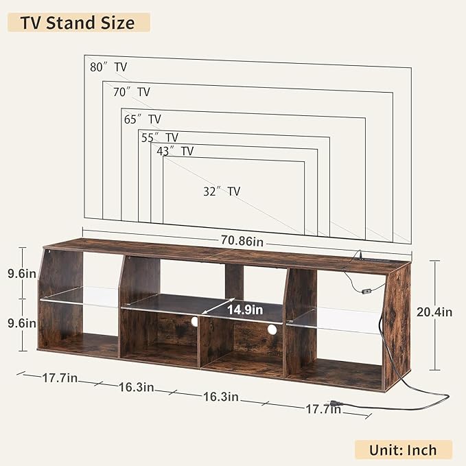 VECELO LED TV Stand with Lights & Power Outlet for 70 inch Gaming Entertainment Center with 7 Open Storage Shelves, Industrial Television Cabinet for Living Room, Bedroom, Retro Brown, 70inch - LeafyLoom