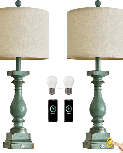 BOBOMOMO Retro 27" USB Charging Ports A/C 3 Way Dimmable Touch Control Green Farmhouse Lamps Set of 2 for Bedrooms Retro Side Table Lamps Bedside Lamp for Side Nightstand Living Room(Bulb Included) - LeafyLoom