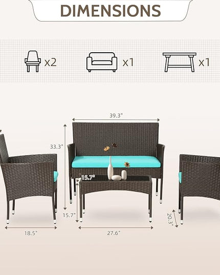 FDW 4 Pieces Patio Furniture Set Wicker Patio Conversation Set with Rattan Chair Loveseats Coffee Table for Outdoor Indoor Garden Backyard Porch Poolside Balcony,Brown Wicker/Blue Cushions - LeafyLoom