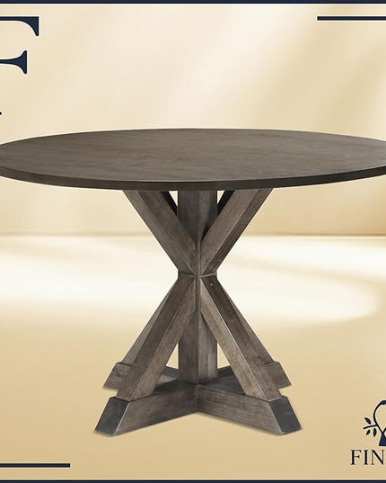Finch Alfred Round Solid Wood Rustic Dining Table for Farmhouse Kitchen Room Decor, Wooden Trestle Pedestal Base, 46.5" Wide Circular Tabletop, Distressed Brown - LeafyLoom