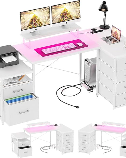 Unikito 70.8" Reversible L Shaped Computer Desk with Fabric File Drawers, Corner Desk with RGB LED Lights & Power Outlets & Monitor Stand, Large Gaming Desk for Home Office Workstation, White - LeafyLoom