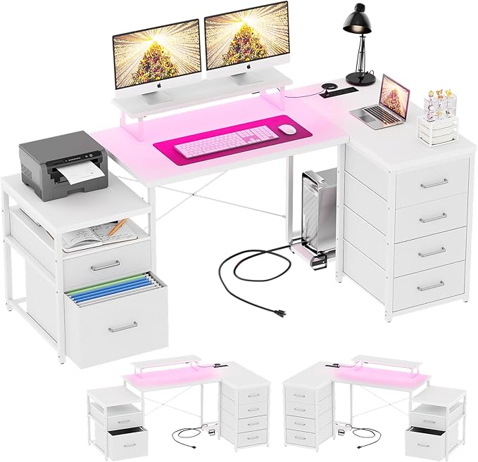 Unikito 70.8" Reversible L Shaped Computer Desk with Fabric File Drawers, Corner Desk with RGB LED Lights & Power Outlets & Monitor Stand, Large Gaming Desk for Home Office Workstation, White - LeafyLoom