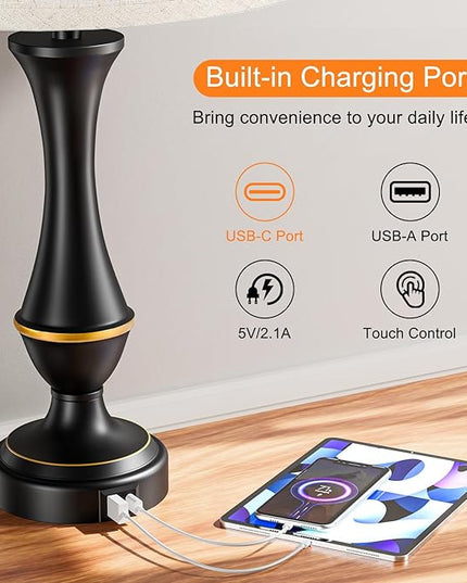 Upgraded Touch Lamps for Bedrooms Set of 2 - Nightstand Table Lamp with USB C+A, 3 Way Dimmable Bedside Lamps for Living Room End Tables, Farmhouse BedroomLamp1 Night Stand Lamps for Office - LeafyLoom