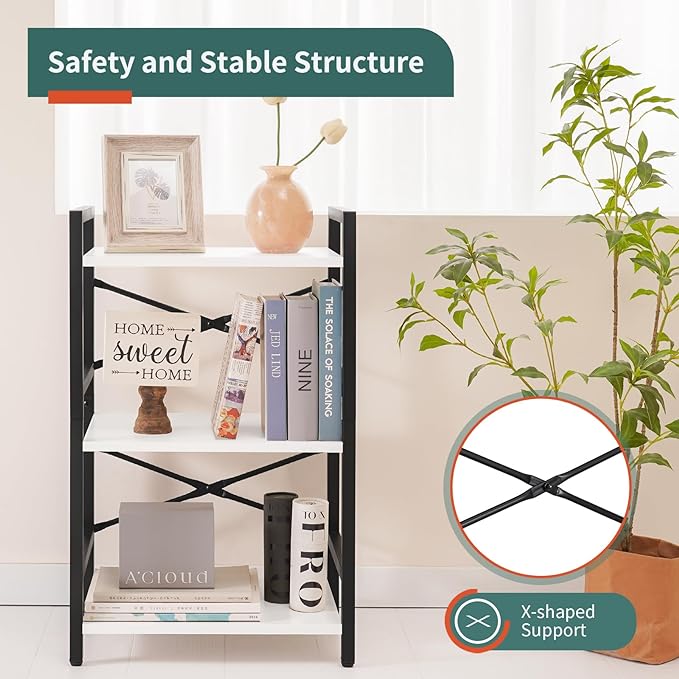 Yoobure Bookshelf Small Book Shelf, Solid Industrial 3 Tier Shelf Bookcase, Short Book Case for Bedroom, Living Room, Office Home, Small Spaces, White - LeafyLoom