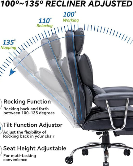 Desk Office Chair 400LBS, Big and Tall Office Chair, PU Leather Computer Chair, Executive Office Chair with Leg Rest and Lumbar Support, Dark Grey Office Chair - LeafyLoom