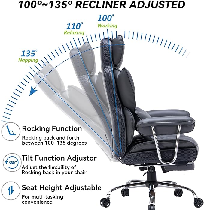 Desk Office Chair 400LBS, Big and Tall Office Chair, PU Leather Computer Chair, Executive Office Chair with Leg Rest and Lumbar Support, Dark Grey Office Chair - LeafyLoom