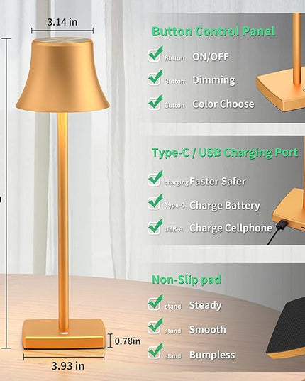 SAKRINGT LED Cordless Table Lamps Rechargeable,5000mAh Battery Operated Table Light,3 Color Stepless Dimming,Portable Small Desk Lamp in Aluminum for Party Patio Restaurant Indoor/Outdoor - LeafyLoom