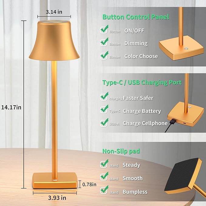 SAKRINGT LED Cordless Table Lamps Rechargeable,5000mAh Battery Operated Table Light,3 Color Stepless Dimming,Portable Small Desk Lamp in Aluminum for Party Patio Restaurant Indoor/Outdoor - LeafyLoom