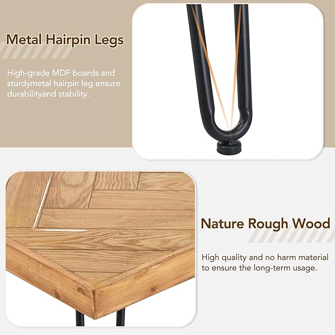 Modern Wood Coffee Table, 1.9 "thickness Coffee Table for Living Room Chevron Pattern & Metal Hairpin Legs - LeafyLoom