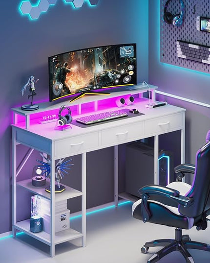 Yoobure Computer Desk with Drawers, Office Desk with LED Lights & Outlets Small Desk with Storage Shelves, Gaming Desk with Monitor Stand, 48" White Desk for Bedroom Home Office Desks for Small Space - LeafyLoom