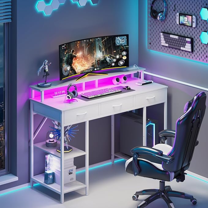 Yoobure Computer Desk with Drawers, Office Desk with LED Lights & Outlets Small Desk with Storage Shelves, Gaming Desk with Monitor Stand, 48" White Desk for Bedroom Home Office Desks for Small Space - LeafyLoom