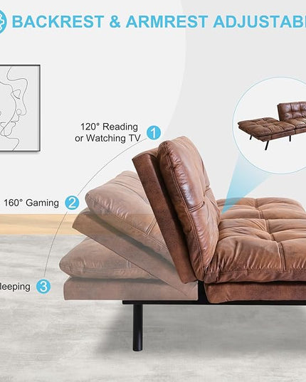 MUUEGM Futon Sofa Bed Couch - Convertible Sofa Bed, Loveseat Sleeper Sofa with Adjustable Backrest, Memory Foam Folding Futon for Living Room, Small Space, Apartment, PU Leather Brown - LeafyLoom