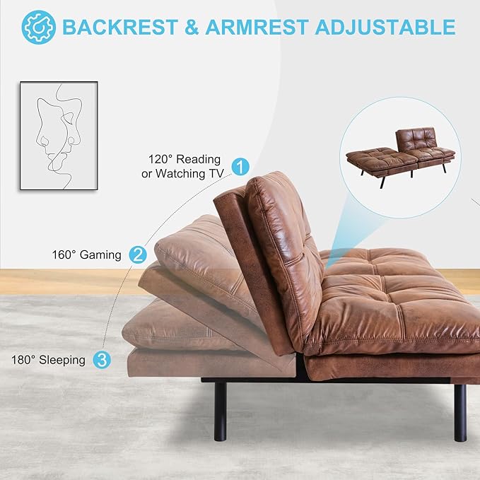 MUUEGM Futon Sofa Bed Couch - Convertible Sofa Bed, Loveseat Sleeper Sofa with Adjustable Backrest, Memory Foam Folding Futon for Living Room, Small Space, Apartment, PU Leather Brown - LeafyLoom