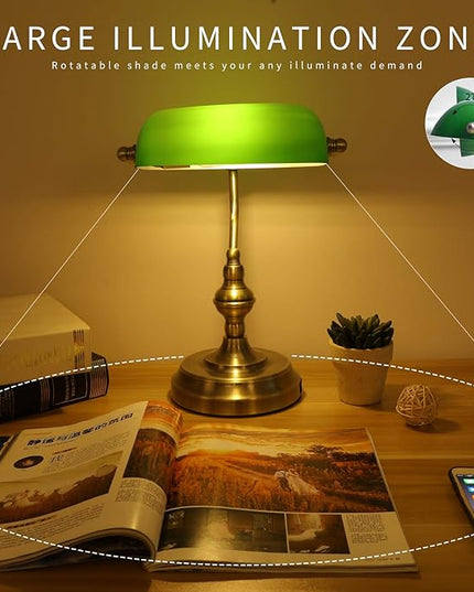 Green Glass Bankers Desk Lamp,Vintage Desk Lamp Touch Control, 3 Way Dimmable Table Lamp with USB Charging Port, Mid Century Banker's Desk Lamp for Home Office Library Antique Brass - LeafyLoom