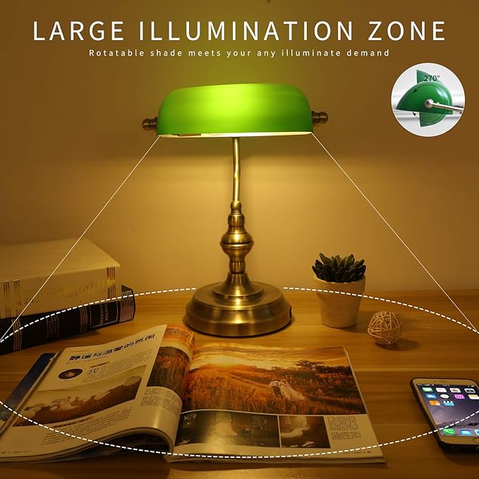 Green Glass Bankers Desk Lamp,Vintage Desk Lamp Touch Control, 3 Way Dimmable Table Lamp with USB Charging Port, Mid Century Banker's Desk Lamp for Home Office Library Antique Brass - LeafyLoom