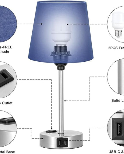 Table Lamps for Bedrooms Set of 2 Bedside - Nightstand Bedroom Lamp with USB C Port and AC Outlet Charging, Dimmable Touch Small End Side Lamp, Blue Night Stand Light for Kid/Guest Room/Living Room - LeafyLoom