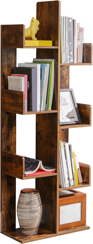 VASAGLE Bookcase, Tree-Shaped Bookshelf with 8 Storage Shelves, Rounded Corners, 19.7 x 9.8 x 55.1 Inches, Rustic Brown ULBC66BXV1 - LeafyLoom