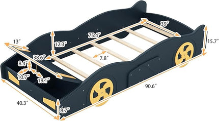 Twin Size Car Bed with Storage Space,Race Car-Shaped Platform Wooden Bedframe W/Wheels,No Box Spring Required,for Boys Toddlers Kids Child's Bedroom,Dark Blue+Yellow - LeafyLoom