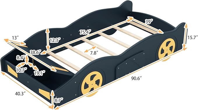 Twin Size Car Bed with Storage Space,Race Car-Shaped Platform Wooden Bedframe W/Wheels,No Box Spring Required,for Boys Toddlers Kids Child's Bedroom,Dark Blue+Yellow - LeafyLoom