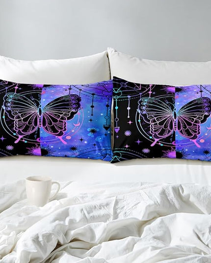 Butterfly Comforter - Butterfly Bed Set - Boho Butterfly Sun and Moon Printed Bedding Sets, Queen Size Comforter Set for Girls, Black Blue Butterfly Comforter Set Queen with 2 Pillowcases - LeafyLoom