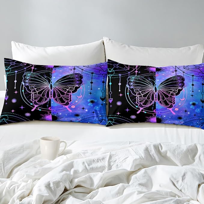Butterfly Comforter - Butterfly Bed Set - Boho Butterfly Sun and Moon Printed Bedding Sets, Queen Size Comforter Set for Girls, Black Blue Butterfly Comforter Set Queen with 2 Pillowcases - LeafyLoom