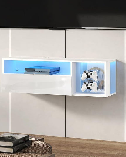 DlandHome Floating TV Stand with LED Light, 39.3’’ Wall-Mounted Media Console, Floating Shelf for Under TV Wall Mount with Storage Shelf for Bedroom Living Room, White - LeafyLoom