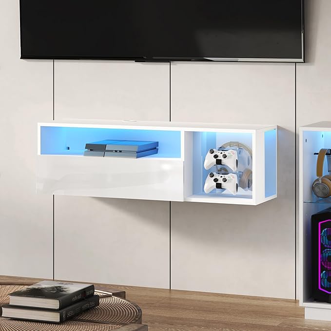 DlandHome Floating TV Stand with LED Light, 39.3’’ Wall-Mounted Media Console, Floating Shelf for Under TV Wall Mount with Storage Shelf for Bedroom Living Room, White - LeafyLoom