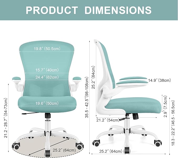 Ergonomic Office Chair, Lumbar Support Desk Chair with Flip-up Armrest and Breathable Mesh, Height Adjustable Swivel Office Chair LightBlue - LeafyLoom