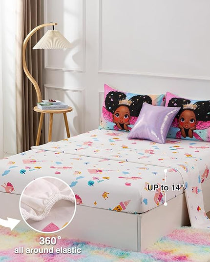 A Nice Night Black Girl Princess with Wings Comforter Set,Pink Gradient Glitter Rainbow Galaxy 6pcs Kids Bedding Set,Twin - LeafyLoom