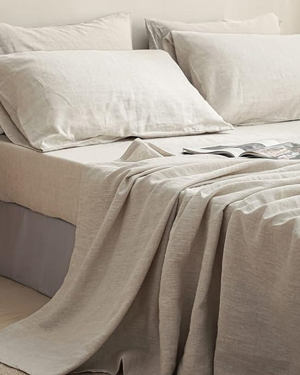 Simple&Opulence 100% Linen Sheet Set Solid Color- 6 Pcs Washed French Flax Bed Sheets (1 Flat Sheet, 1 Fitted Sheet, 4 Pillowcases) - Breathable Home Collection (Basic Linen, King) - LeafyLoom