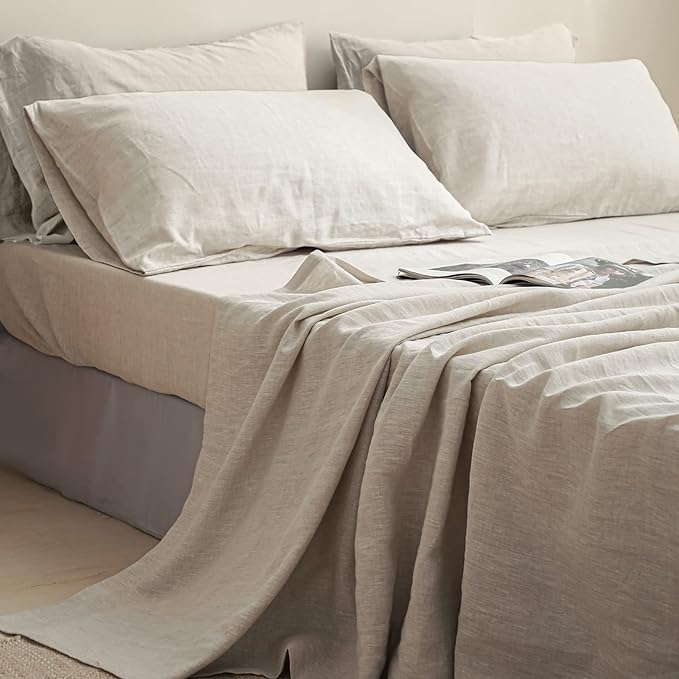 Simple&Opulence 100% Linen Sheet Set Solid Color- 6 Pcs Washed French Flax Bed Sheets (1 Flat Sheet, 1 Fitted Sheet, 4 Pillowcases) - Breathable Home Collection (Basic Linen, King) - LeafyLoom