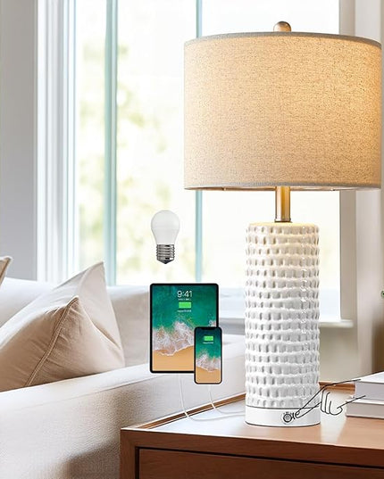 PORTRES 24" Bedside Lamps Table Lamp for Bedroom, 3-Way Dimmable Touch Nightstand Lamp, Farmhouse Ceramic White Lamp for Living Room End Table Lamps with USB C+A Ports (1 Pack) - LeafyLoom