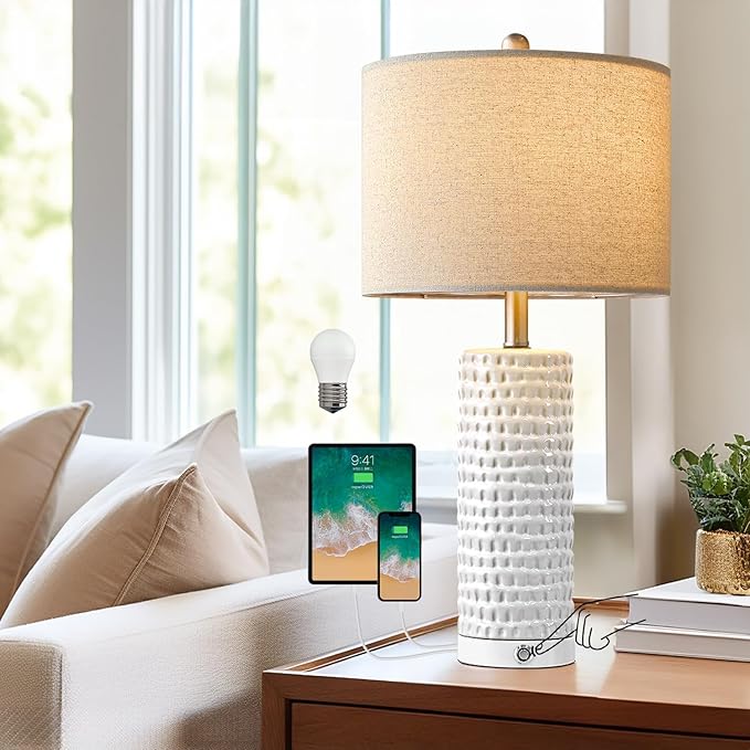 PORTRES 24" Bedside Lamps Table Lamp for Bedroom, 3-Way Dimmable Touch Nightstand Lamp, Farmhouse Ceramic White Lamp for Living Room End Table Lamps with USB C+A Ports (1 Pack) - LeafyLoom