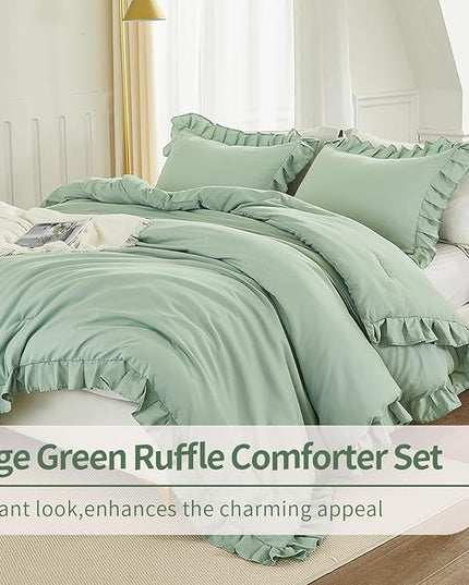 Andency Sage Green California King Comforter Set, 3 Pieces Farmhouse Shabby Chic Cal King Size Ruffle Bed Set, Oversized Soft Lightweight Microfiber Bedding Set - LeafyLoom