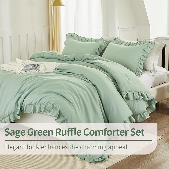 Andency Sage Green California King Comforter Set, 3 Pieces Farmhouse Shabby Chic Cal King Size Ruffle Bed Set, Oversized Soft Lightweight Microfiber Bedding Set - LeafyLoom