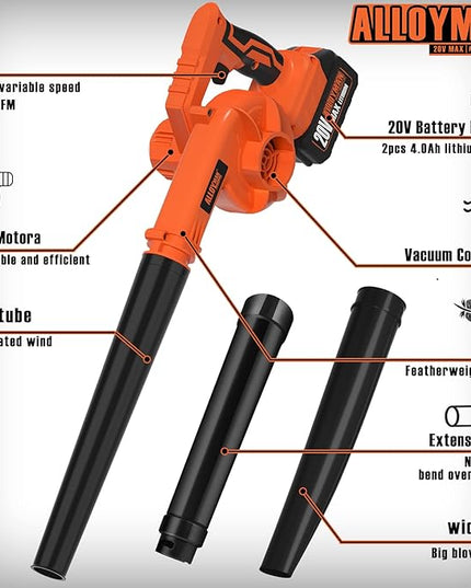 Alloyman Leaf Blower, 20V Cordless Leaf Blower, with 2 X 4.0Ah Battery & Charger, 2-in-1 Electric Leaf Blower & Vacuum for Yard Cleaning/Snow Blowing.(Orange) - LeafyLoom