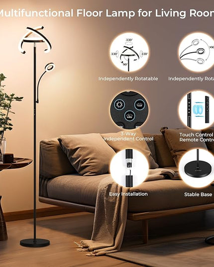 FIMEI 3 in 1 Floor Lamp, Modern Bright Standing Lamp with Split Rotatable Outer Ring Light and Small Reading Light, 4 Color Temperature and Dimmable, 3-Way Independent Control for Living Room Office - LeafyLoom